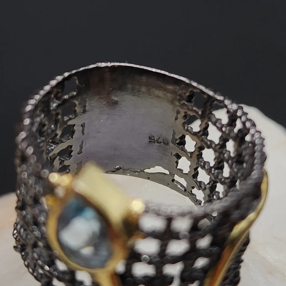 Sterling Silver 925 Black Rhodium 14k Gold Ring Genuine Blue Topaz